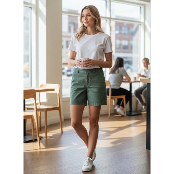 Talbots Pants - Talbots Sage Green Pull On Chino Shorts Mid Rise Cotton Blend Twill Classic Fit